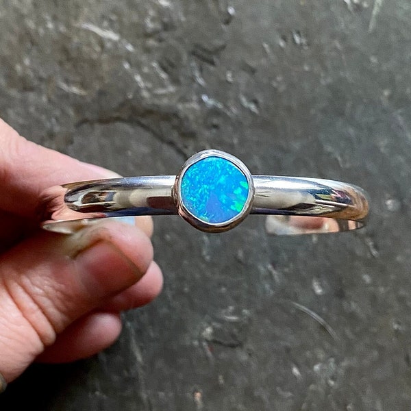 Australian Blue OPAL Sterling Silver Southwestern Statement Ladies Stacking Stacked Skinny Cuff Bracelet S/M