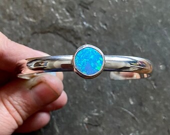 Australian Blue OPAL Sterling Silver Southwestern Statement Ladies Stacking Stacked Skinny Cuff Bracelet S/M