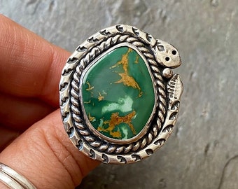 SIZE 8.5 Royston Turquoise Sterling Silver Green Snake Serpent Stamped Stone Southwestern Oversized Statement Chunky Ladies Cocktail Ring