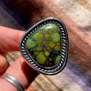 SIZE 8.5 Hubei Turquoise Shadowbox Sterling Silver Stone Green Freeform Oversized Chunky Ladies Cocktail Statement Big Ring