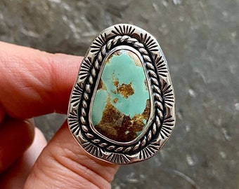 SIZE 7.5 Royston Turquoise Sterling Silver Green Stamped Stone Freeform Southwestern Oversized Statement Chunky Ladies Cocktail Ring