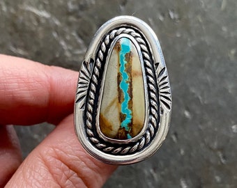 SIZE 11 Royston Ribbon Turquoise Sterling Silver Stamped Oval Shadowbox Stone Southwestern Oversized Statement Chunky Ladies Cocktail Ring