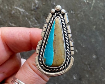 SIZE 9 Royston Ribbon Turquoise Sterling Silver Shadowbox Cut Out Stone Southwestern Oversized Statement Chunky Ladies Cocktail Ring