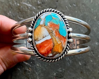 Spiny Oyster Shell + Kingman Turquoise Sterling Silver Southwestern Oversized Cuff Statement Ladies Bracelet Size M/L