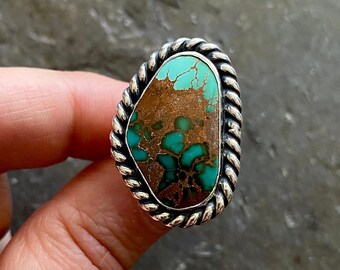 SIZE 6 Pilot Mountain Turquoise High Grade Sterling Silver Green Freeform Classic Oversized Statement Chunky Ladies Cocktail Ring