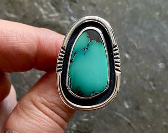 SIZE 8.5 Hubei Turquoise Shadowbox stamped Sterling Silver Freeform Stone Oversized Chunky Ladies Cocktail Statement Ring