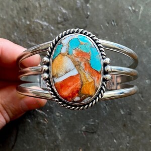 Spiny Oyster Shell Kingman Turquoise Sterling Silver Southwestern Oversized Cuff Statement Ladies Bracelet Size M/L image 1