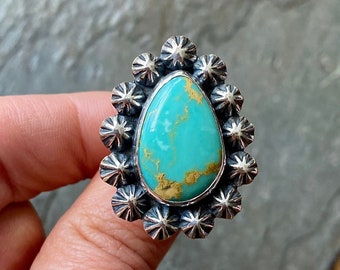 SIZE 7.5 Baja Turquoise Sterling Silver Concho Stamped Stars Stone Southwestern Statement Oversized Ladies Cocktail Ring