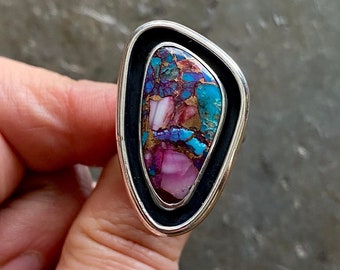 SIZE 9.5 Pink Spiny Oyster Shell Purple Mohave Turquoise Sterling Silver Shadowbox Statement Oversized Southwest Ladies Cocktail Chunky Ring