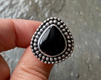 Size 5.5 Black Onyx Sterling Silver Southwestern Teardrop Statement Petite Chunky Ladies Cocktail Ring