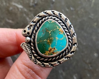 SIZE 10 Royston Turquoise Sterling Silver Snake Serpent Stamped Green Stone Southwestern Oversized Statement Chunky Ladies Cocktail Ring