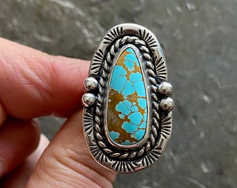 SIZE 9 Royston Turquoise Sterling Silver Stamped Blue Freeform Stone Southwestern Oversized Statement Chunky Ladies Cocktail Ring