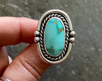 SIZE 6.5 Royston Turquoise Sterling Silver Shadowbox Minty Green Blue Stone Southwestern Oversized Statement Chunky Ladies Cocktail Ring