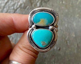 SIZE 9.5 Royston Turquoise Ombre Sterling Silver Stamped Shadowbox Stacked Double Stones Southwestern Statement Chunky Ladies Cocktail Ring