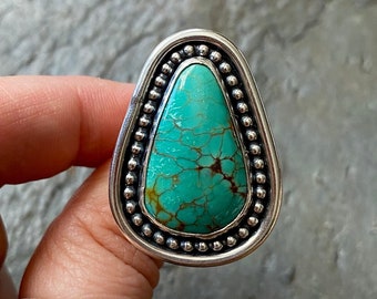 SIZE 10 Hubei Turquoise Shadowbox Sterling Silver Freeform Green Stone Oversized Chunky Ladies Cocktail Statement Big Ring