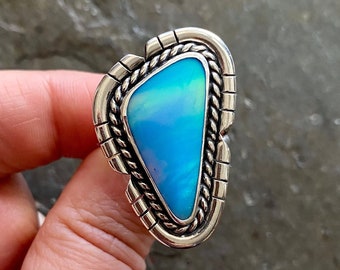 SIZE 9 Aurora OPAL Blue Sterling Silver Cut Out Triangle Stone Freeform Ladies Cocktail Oversized Statement Chunky Ring