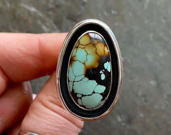 SIZE 10.5 Hubei Turquoise Polychrome Sterling Silver Shadowbox Stone Oversized Chunky Ladies Cocktail Statement Ring