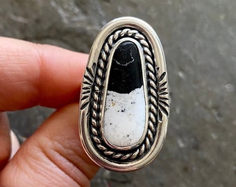 SIZE 9.5 White Buffalo Sterling Silver Stamped Southwestern Statement Chunky Oversized Cocktail Ladies Big Ring