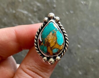 SIZE 6.5 Orange Spiny Oyster Shell Kingman Mohave Turquoise Sterling Silver Stone Statement Southwest Ladies Cocktail Every Day Simple Ring