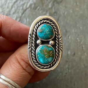 SIZE 7.5 White Water Turquoise Sterling Silver Shadowbox Stamped Double Stone Southwestern Statement Oversized Ladies Ring