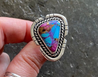 SIZE 8.5 Pink Spiny Oyster Shell Purple Mohave Turquoise Sterling Silver Cut Out Stone Statement Oversized Southwest Ladies Cocktail Ring