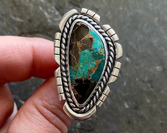 SIZE 7 Kingman Mohave Turquoise + White Buffalo Sterling Silver Cut Out Stone Statement Freeform Oversized Southwest Ladies Cocktail Ring