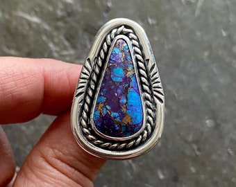 SIZE 7 Purple Mohave Kingman Turquoise Sterling Silver Stamped Stone Freeform Statement Oversized Southwest Ladies Cocktail Ring