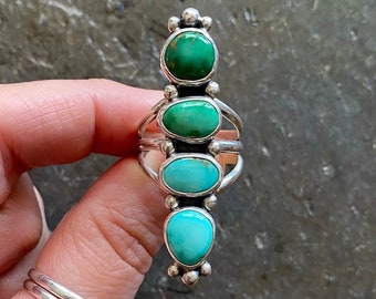 SIZE 8.5 Royston Turquoise Ombre Sterling Silver Stacked Totem Cluster Stone Southwestern Oversized Statement Chunky Ladies Cocktail Ring