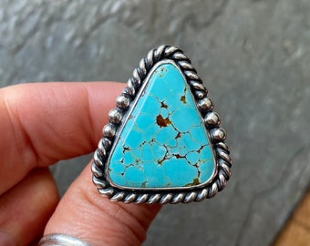 Size 8.5 Number 8 Turquoise Triangle Freeform Sterling Silver Southwestern Statement Oversized Chunky Ladies Cocktail Ring