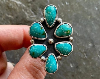 SIZE 8.5 White Water Turquoise Sterling Silver Cluster Stacked Shadowbox Stone Southwestern Statement Oversized Chunky Ladies Ring