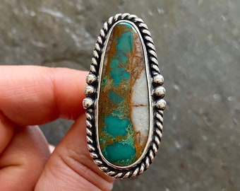 SIZE 8 Royston Ribbon Turquoise Sterling Silver Oval Stone Southwestern Oversized Statement Chunky Ladies Cocktail Big Ring