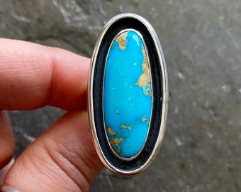 SIZE 7.5 Sierra Bella Turquoise Shadowbox Sterling Silver Blue Oval Southwestern Statement Oversized Chunky Cocktail Ladies Ring