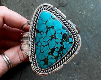 Hubei Turquoise Sterling Silver Cut Out Freeform Southwestern Oversized Huge Big Statement Ladies Chunky Cuff Bracelet Size S/M