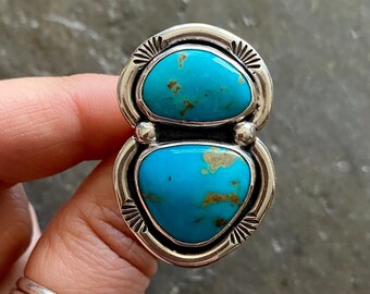 SIZE 8 Kingman Turquoise Sterling Silver Stamped Shadowbox Double Stacked Stones Statement Oversized Southwest Ladies Cocktail Chunky Ring