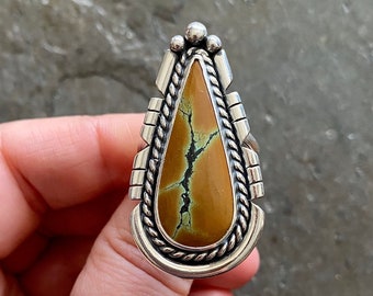 SIZE 10 Hubei Turquoise Ochre Shadowbox Sterling Silver Cut Out Teardrop Stone Oversized Chunky Ladies Cocktail Statement Big Ring