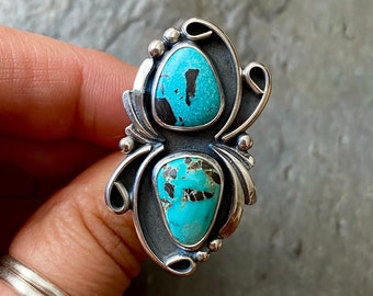 SIZE 5.5 Carico Lake Turquoise Sterling Silver Stamped Fans Double Stone Southwestern Oversized Ladies Cocktail Statement Ring