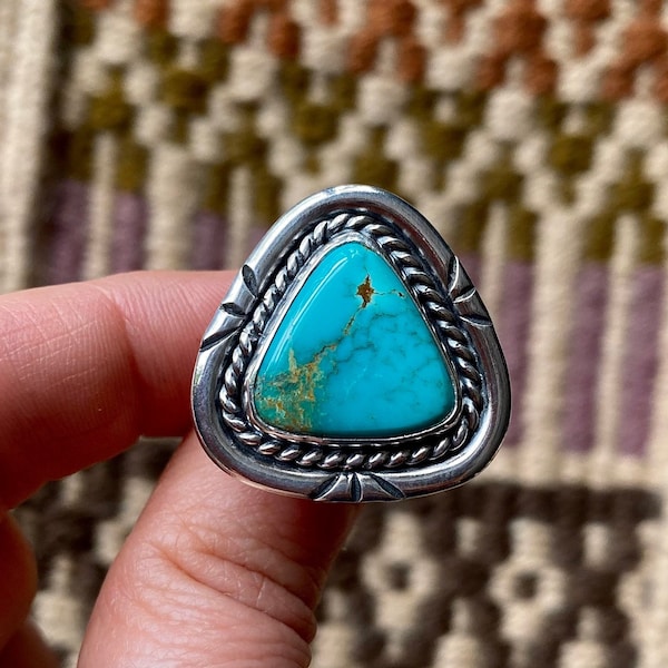 SIZE 5 Kingman Turquoise Stamped Sterling Silver Triangle Trillion Stone Statement Oversized Southwest Ladies Cocktail Chunky Ring