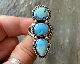 SIZE 8.5 Lavender Turquoise Golden Hills Triple Totem Stacked Stone Sterling Silver Statement Ladies Cocktail Chunky Oversized Ring