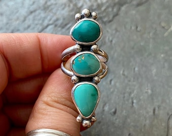 SIZE 6 Royston Turquoise Ombre Green Sterling Silver Stacked Totem Multi Stone Southwestern Oversized Statement Chunky Ladies Cocktail Ring