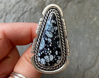 SIZE 7 Dark Moon Hubei Turquoise Sterling Silver Freeform Cut Out Stone Oversized Chunky Ladies Cocktail Statement Big Ring