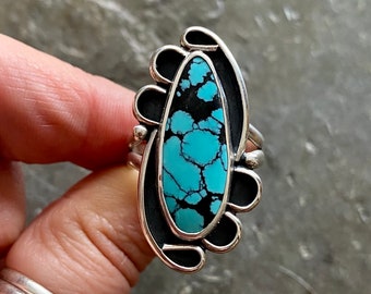 SIZE 10 Hubei Turquoise Sterling Silver Shadowbox Freeform Blue Stone Oversized Chunky Ladies Cocktail Statement Ring