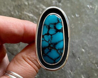 SIZE 8 Hubei Turquoise Sterling Silver Shadowbox Blue Oval Stone Oversized Chunky Ladies Cocktail Statement Big Ring