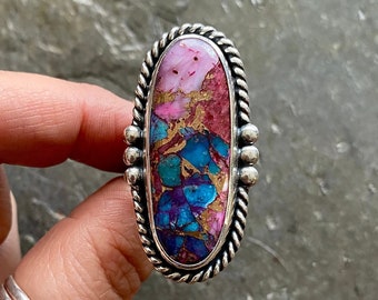 SIZE 8.5 Pink Spiny Oyster Shell Purple Mohave Turquoise Sterling Silver Stone Statement Oversized Southwest Ladies Cocktail Chunky Ring