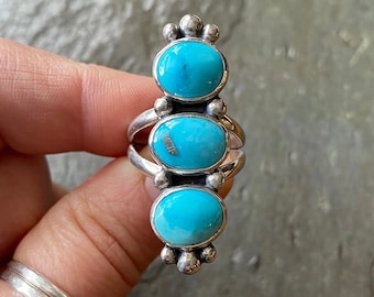 SIZE 7 Candelaria Hills Turquoise Sterling Silver Blue Multi Triple stone Totem Stacked Oversized Statement Chunky Ladies Cocktail Ring