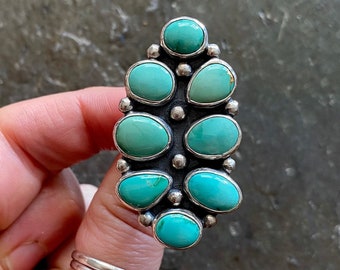 SIZE 7 Royston Emerald Valley Turquoise Sterling Silver Cluster Green Southwestern Statement Multi Stones Oversized Cocktail Ladies Ring