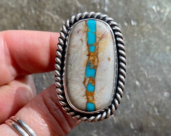 SIZE 6.5 Royston Ribbon Turquoise Sterling Silver Oval Classic Stone Southwestern Oversized Statement Chunky Ladies Cocktail Ring