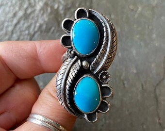 SIZE 8.5 Blue Gem Turquoise Leaves Flower Leaf Stamped Sterling Silver Double Two Stones Southwestern Oversized Statement Chunky Ladies Ring