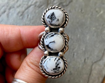 SIZE 7 White Buffalo Sterling Silver Triple Stone Stacked Totem Southwestern Statement Chunky Oversized Cocktail Ladies Big Ring