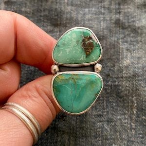 SIZE 9.5 Carico Lake + Royston Turquoise Sterling Silver Stacked Double Stones Southwestern Oversized Statement Chunky Ladies Cocktail Ring