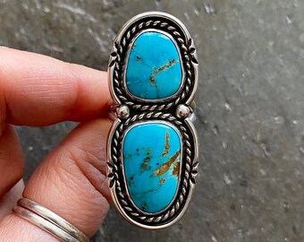 SIZE 10 Sonoran Turquoise Sterling Silver Stamped Shadowbox Blue Stacked Stones Southwestern Statement Oversized Chunky Ladies Big Ring